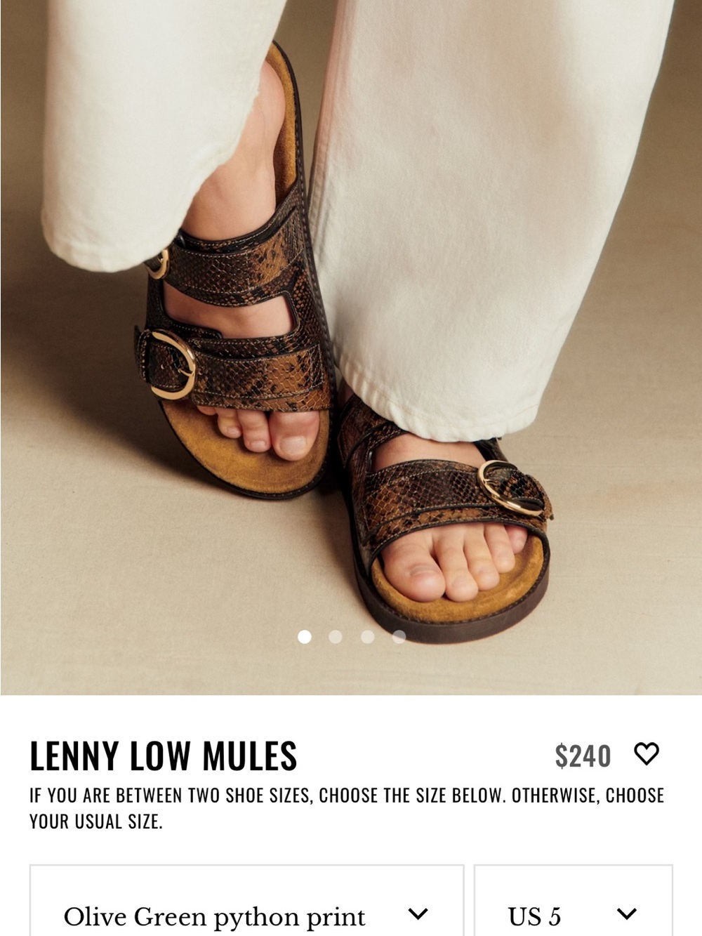 Sezane Lenny Low Mules in Olive Green Python Print